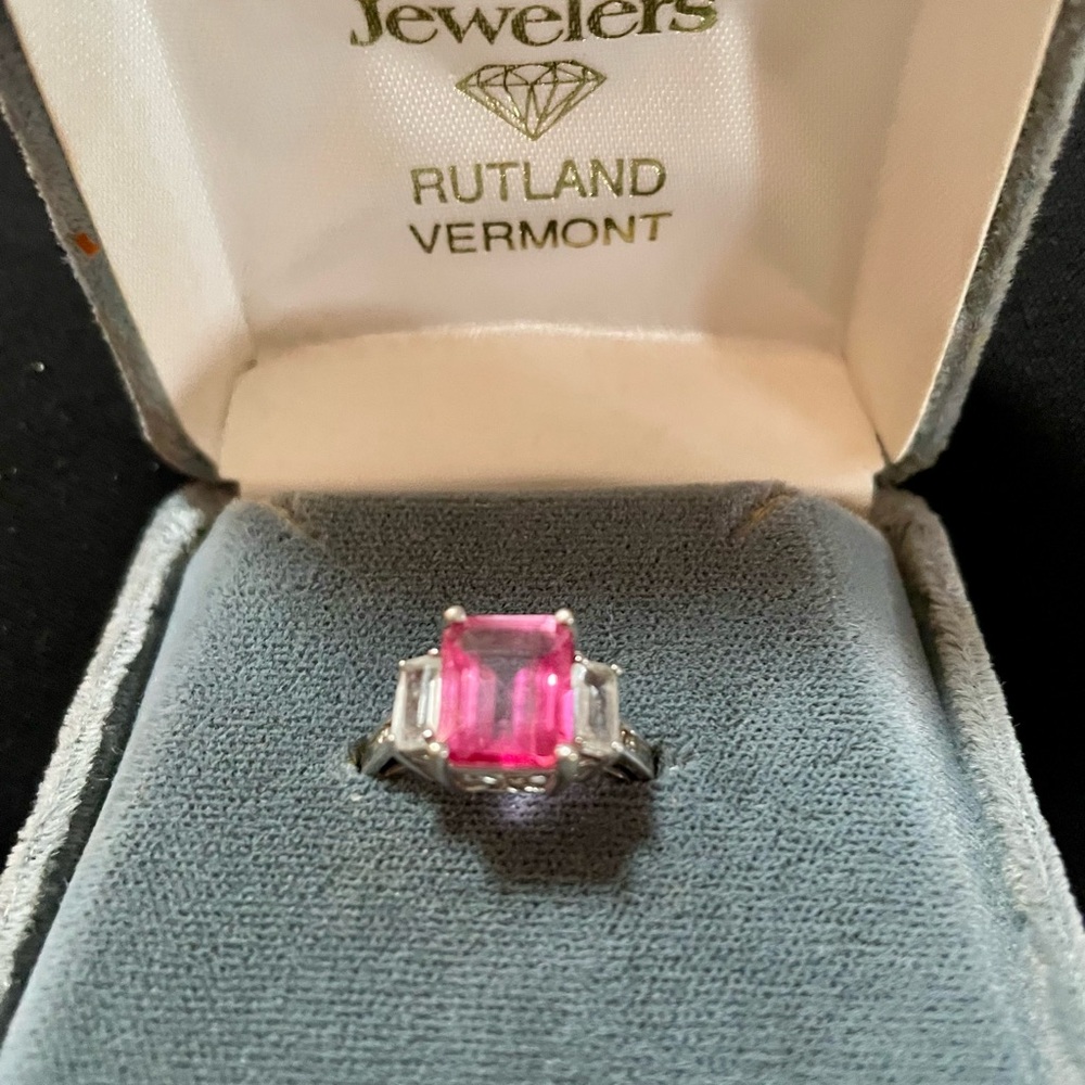 White Gold 4 ct Pink Topaz Gem Stone Ring w Swarovski Crystals and diamond chips